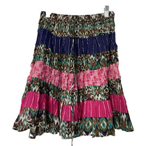 Lapogee Patchwork Mini Skirt Size L Boho Gypsy Tiered India Pink Purple Brown